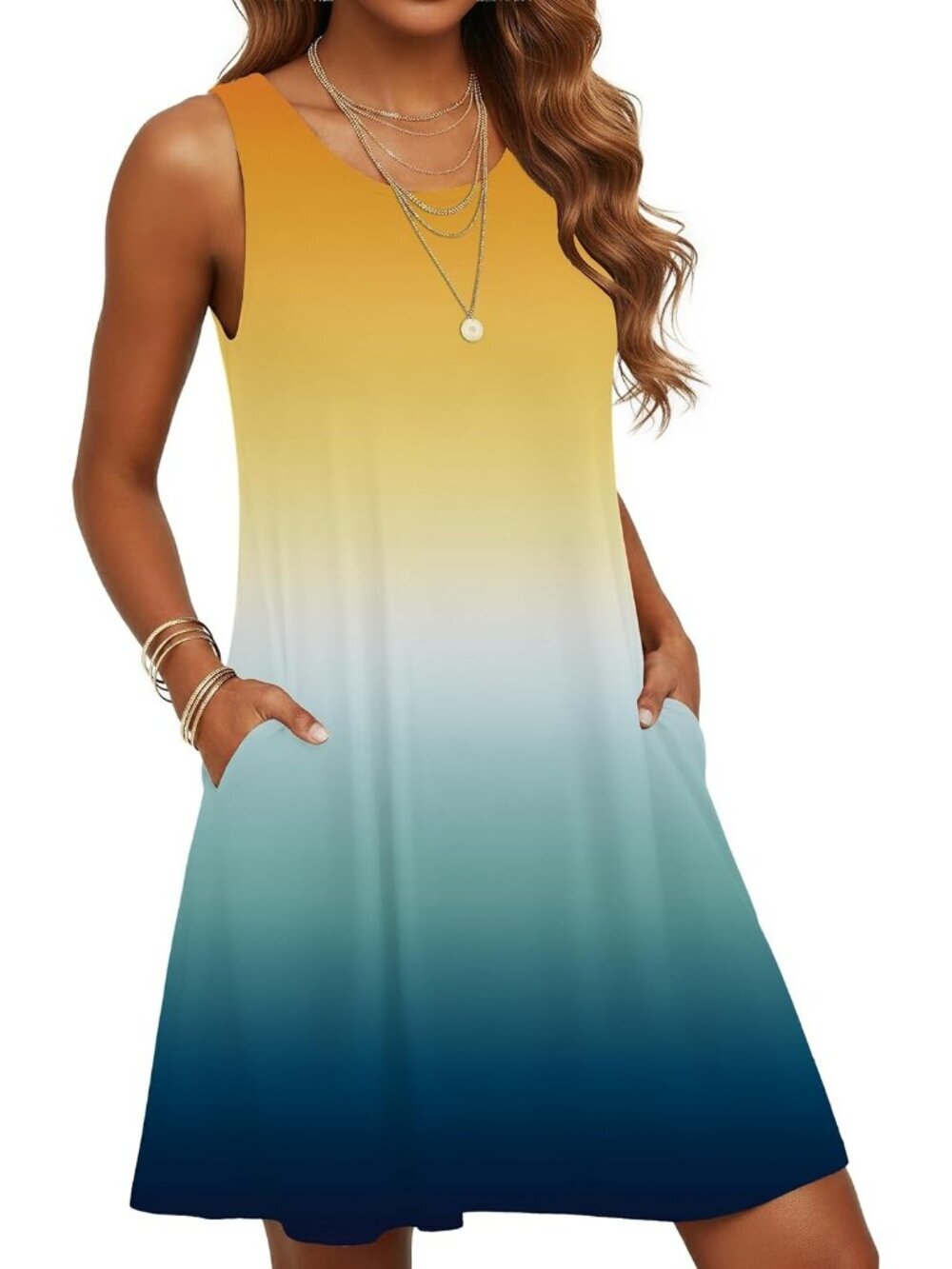 Women's Orange Blue Casual Sleeveless Tank Round Neck Knee Length Mini Dress